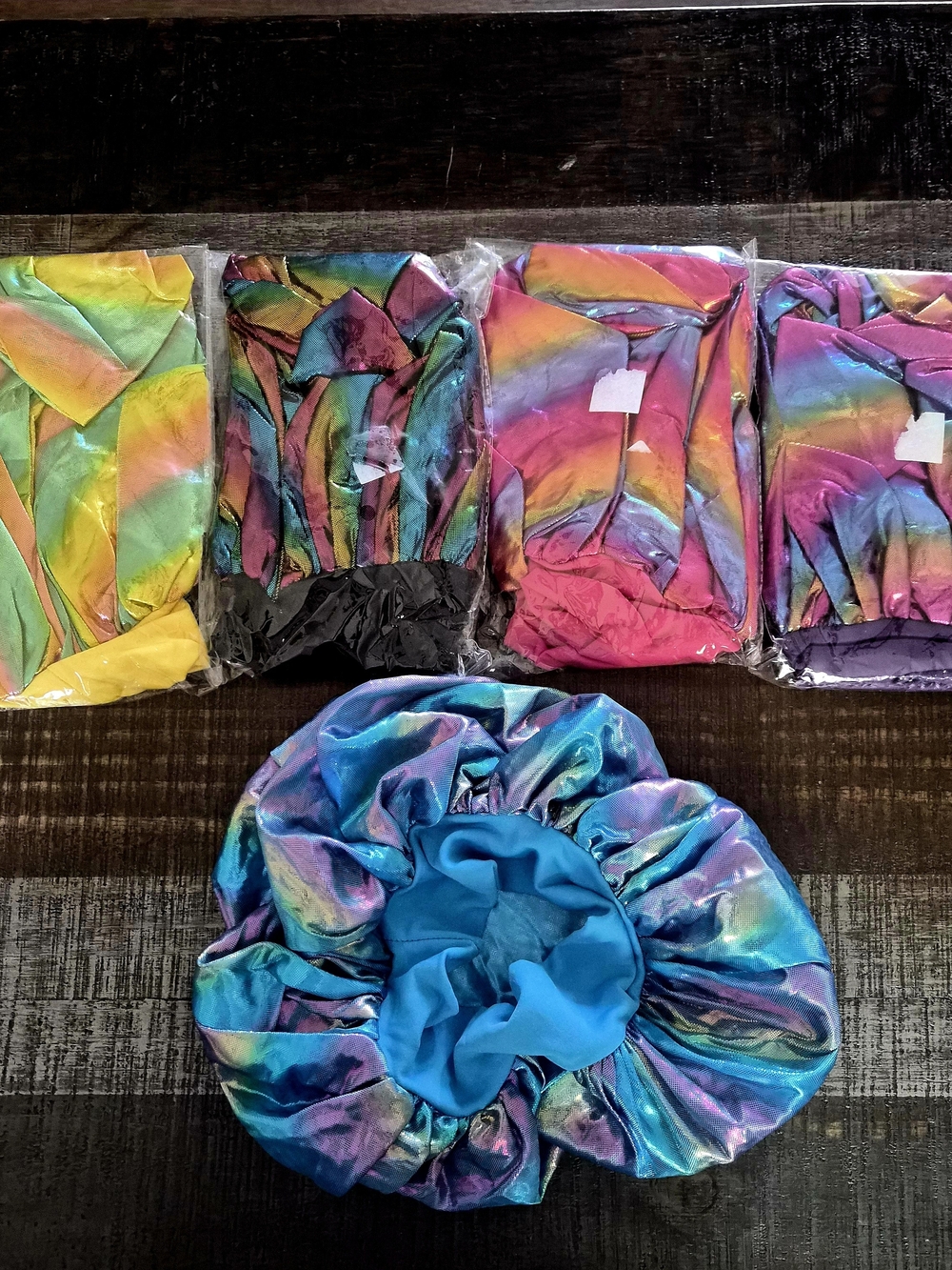 Set of 5 Adult Hair Bonnets ~ Colorful Rainbow Metallic Shimmer ~ NWOT